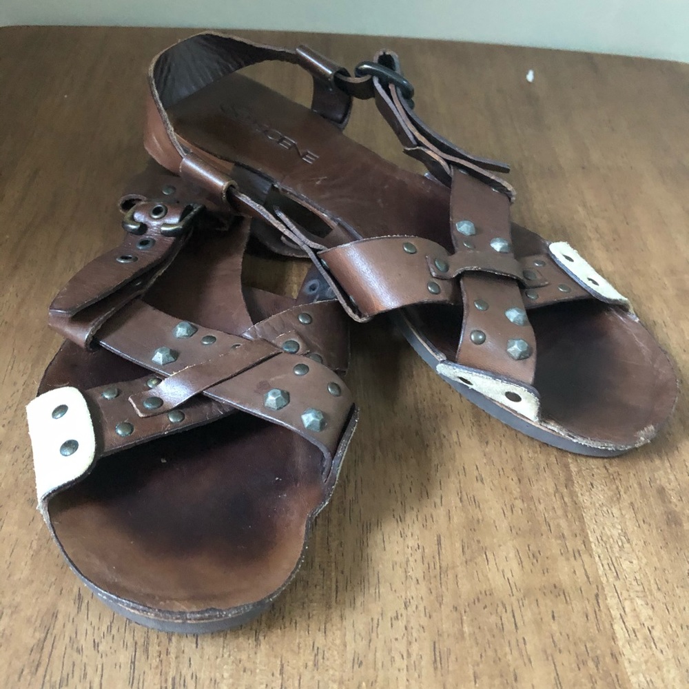 Leather Stud Embellished Strappy Flat Open Sandals
